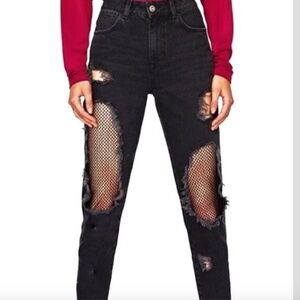 Zara High Rise Black Distressed Fishnet frayed hem Jeans Goth Grunge